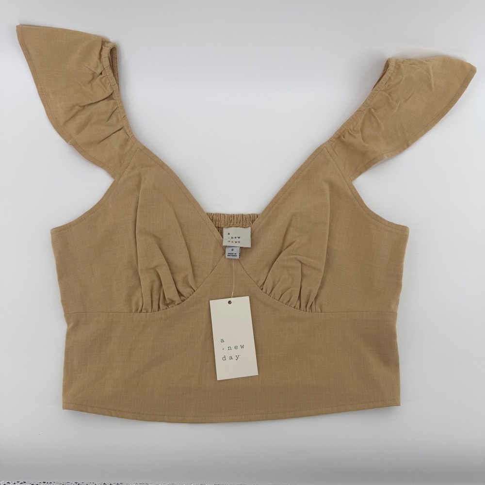 A New Day Womens Tan Ruffle Sleeve Smocked Back‎ Crop Top S NWT 018 02 4352